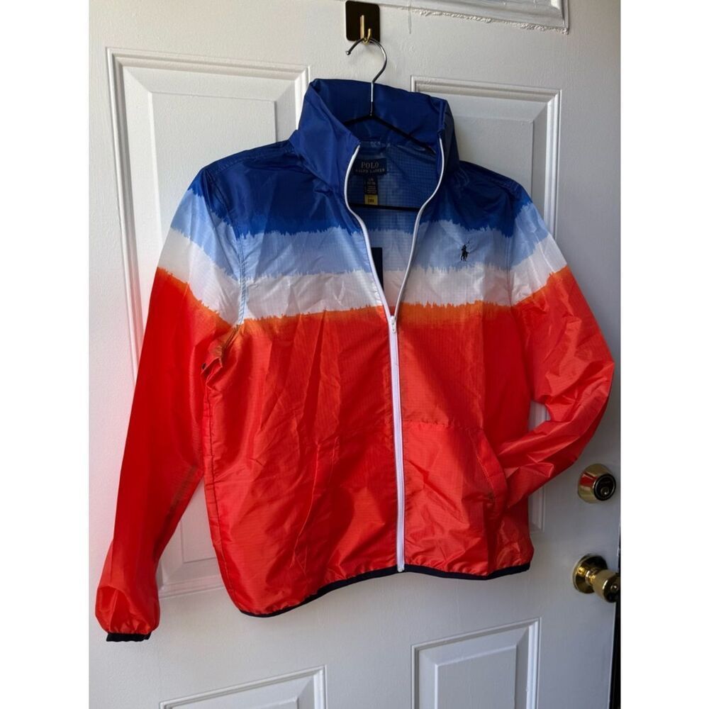 Polo Ralph Lauren Boys Ombre Windbreaker Jacket Blue Orange Red White Full Zip L